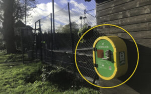 There is a defibrillator on the wall of the Tennis Club house on Cambridge Road