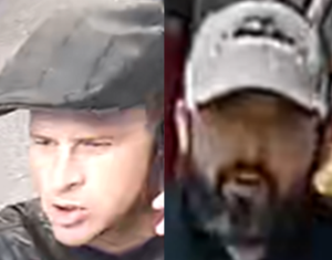 The pair the Police wish to speak to are pictured wearing a flatcap (clean shaved man) and a baseball cap (bearded man). 